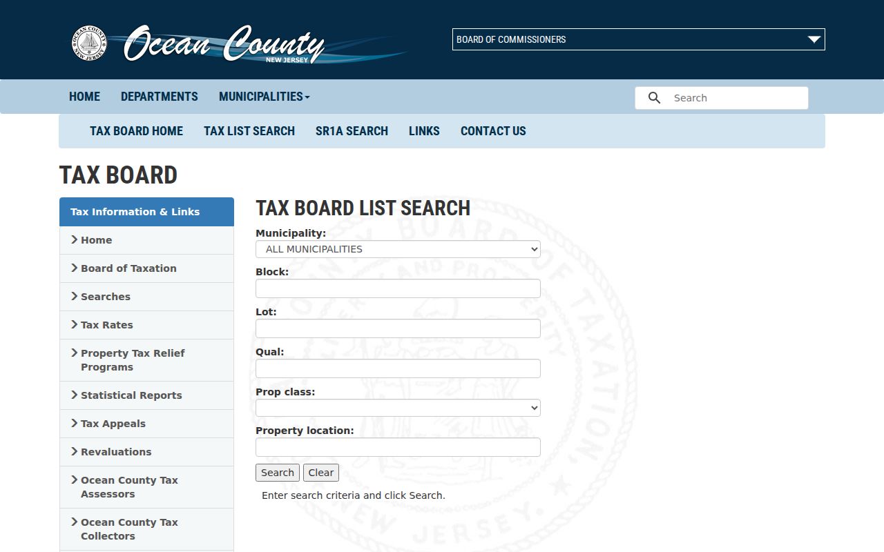 Brick Township resident directory Tax Board property search fields