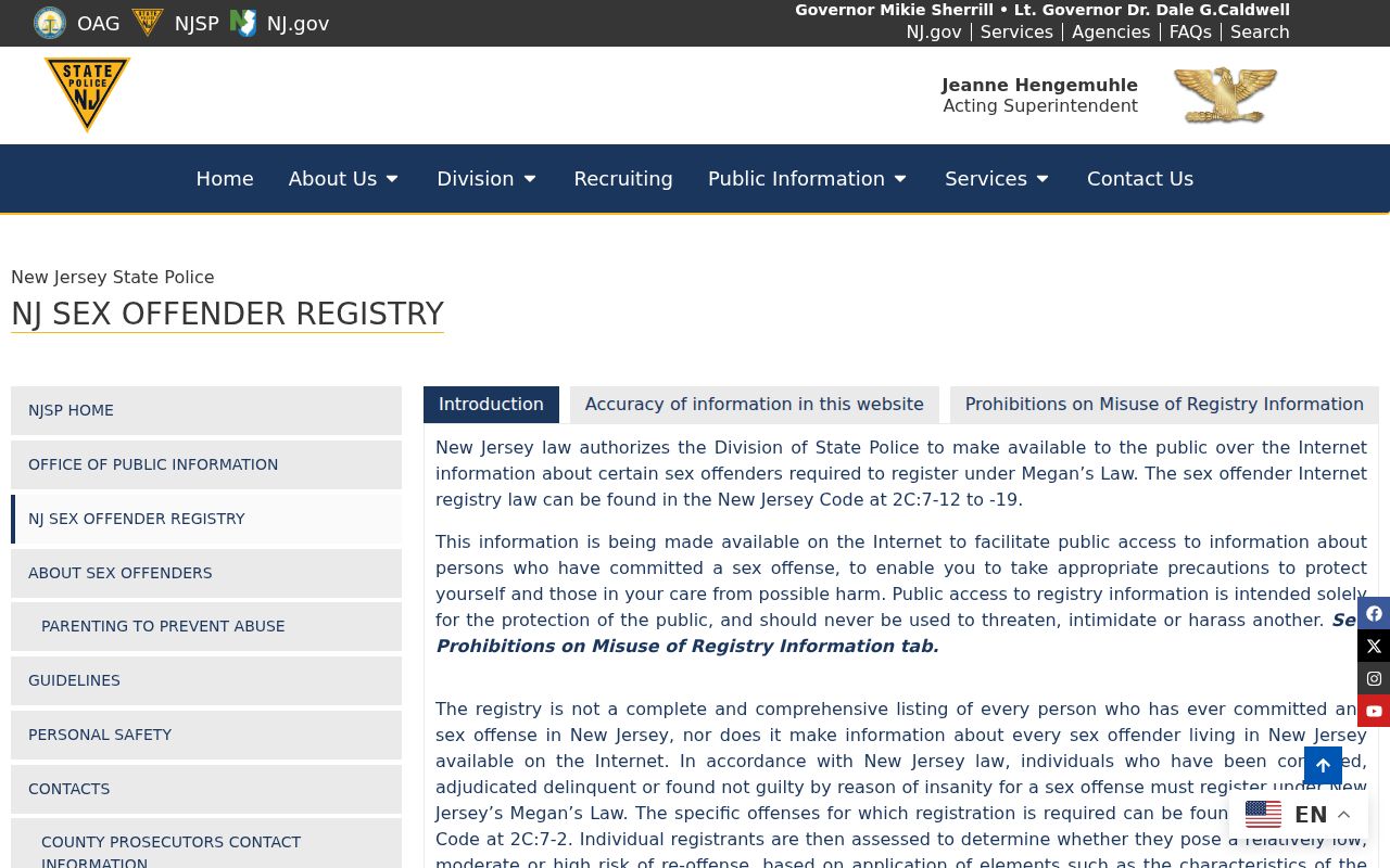 Brick Township resident lookup view of the New Jersey State Police registry entry page